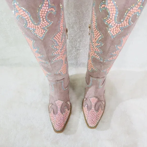 Sparks Country Western Cowgirl Knee Boots Dazzleing Iridescent Rhinestones Pink